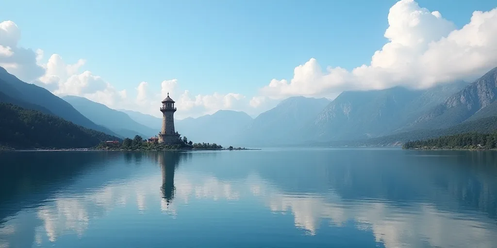 a body of water with a tower in the middle of it and mountains in the background with clouds in the