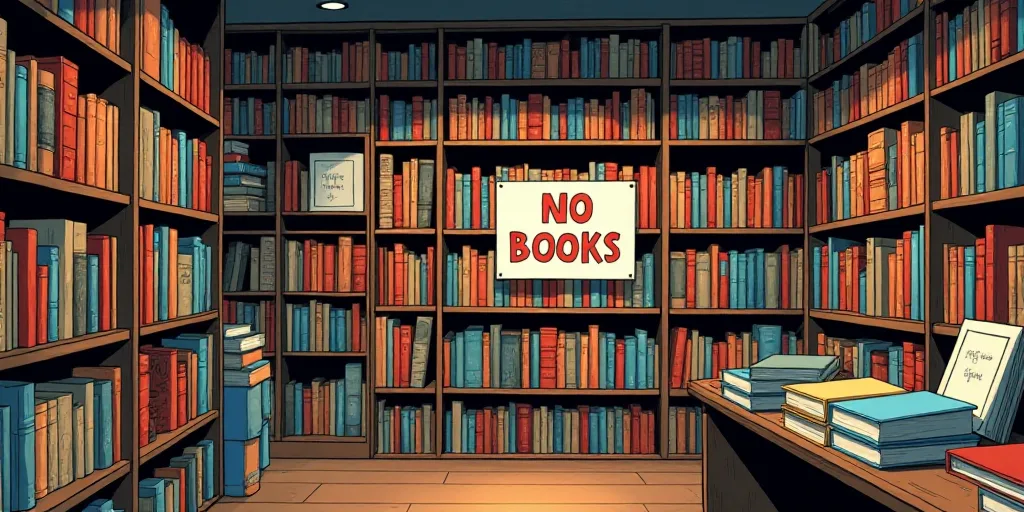 a book store with a large number of books on shelves and a sign that says no books on it, Art & Lang