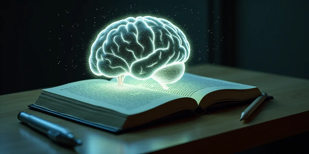 a book with a glowing brain on top of it and a notebook with a pen and pencils on the table, Art & L