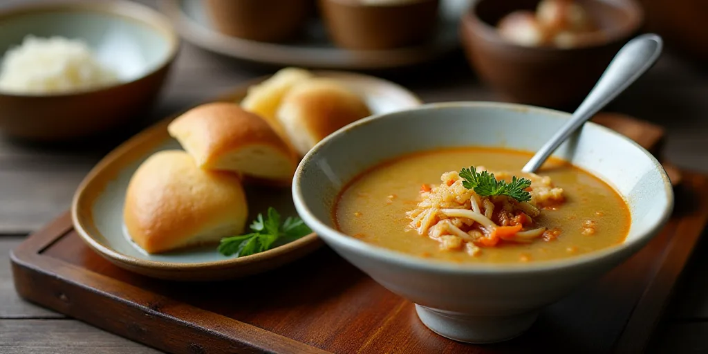 a bowl of soup with a spoon and some other food items on a table next to a bowl of bread, Byeon Sang