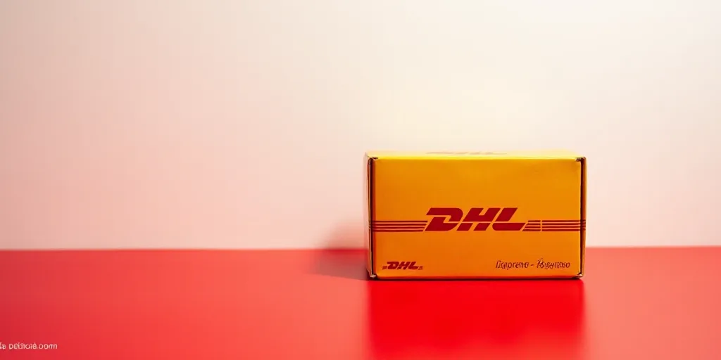a box of dhl express on a red table top with a white background and a red and white stripe, Eduardo