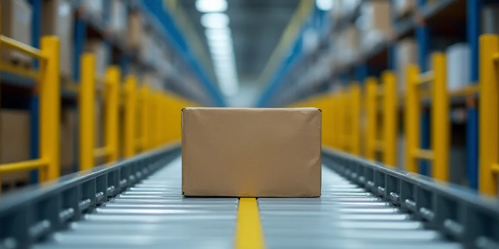 a box sitting on top of a conveyor belt in a warehouse with yellow and blue racks behind it, Andries