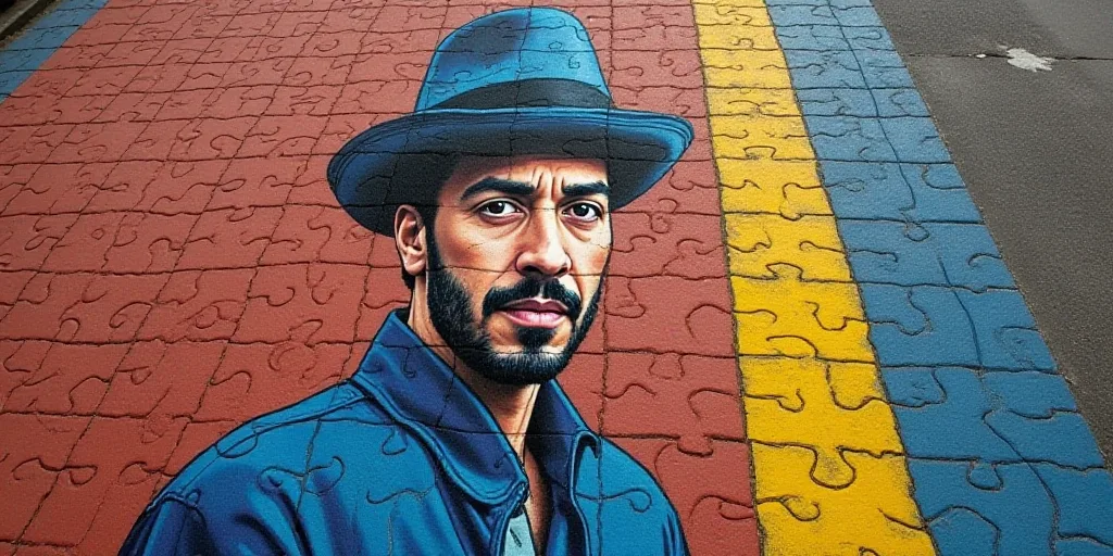 a brick walkway with a picture of a man on it and a yellow line in the background with a blue border