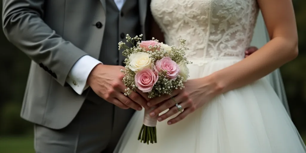 a bride and groom holding hands with a bouquet of flowers on their wedding day, while the bride wear