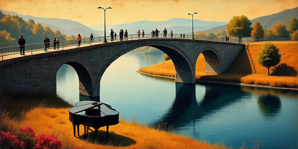 a bridge over a river with people standing on it and a piano on the ground in front of it, Afewerk T
