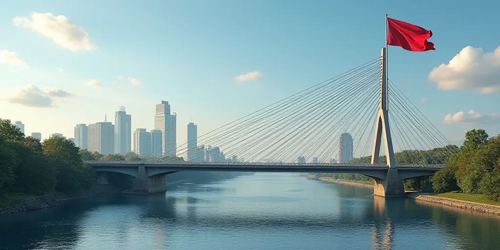 a bridge with a flag flying over it and a city in the background with a bridge going over it, Arling