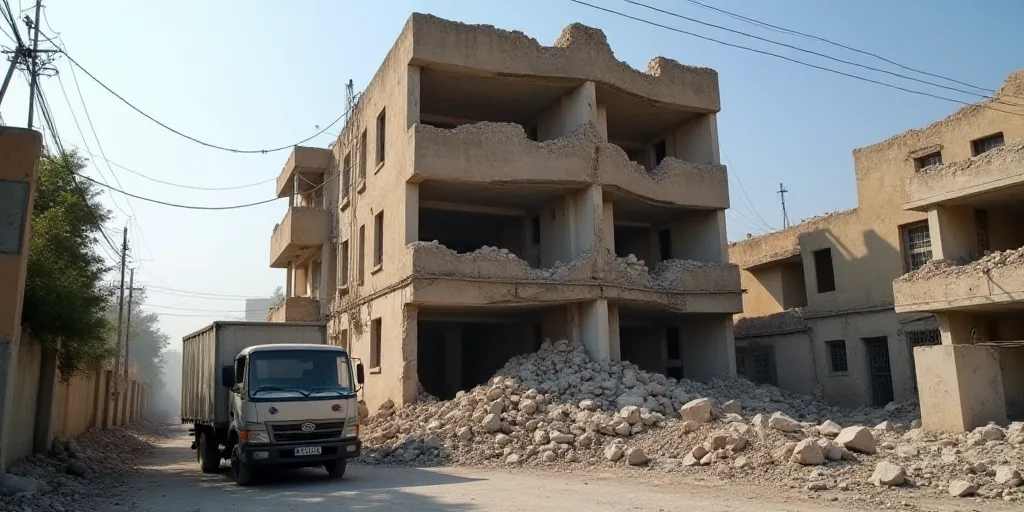 a building that has been destroyed and is being demolished by a truck and a car on the street in fro
