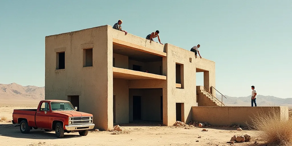 a building under construction with a truck parked in front of it and a few people on the roof of the