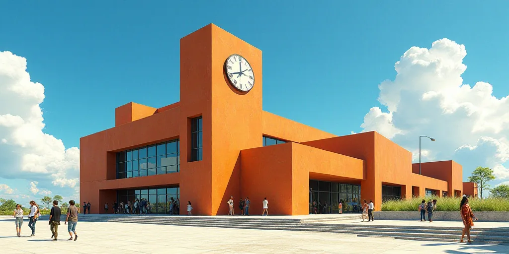 a building with a clock on the side of it and people walking around it on a sunny day with blue skie