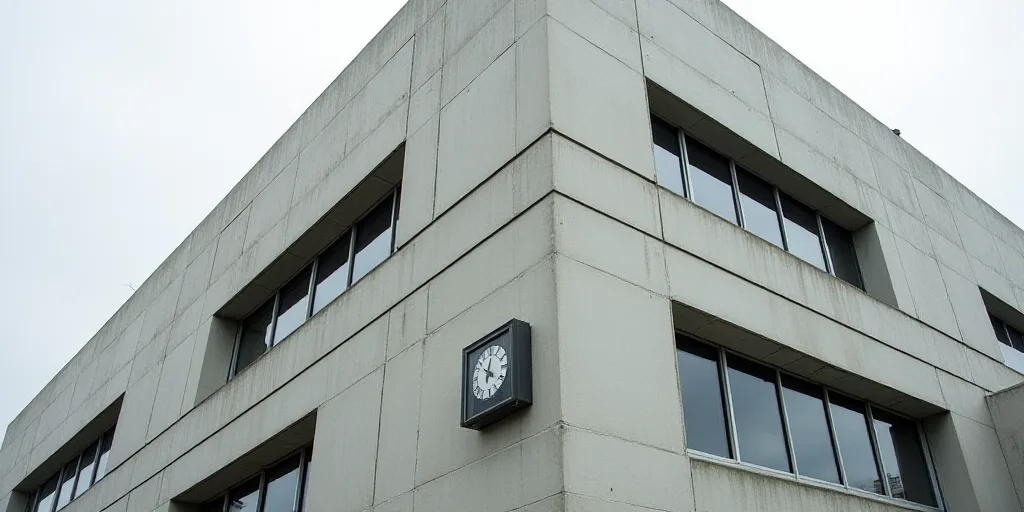 a building with a clock on the side of it's face and windows with blinds on each side, David Chipper