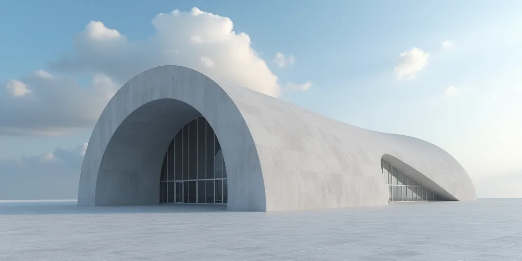 a building with a curved entrance and a sky background with clouds in the background and a blue sky