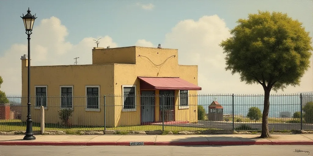 a building with a fence around it and a street light in front of it and a tree in front of it, Engue