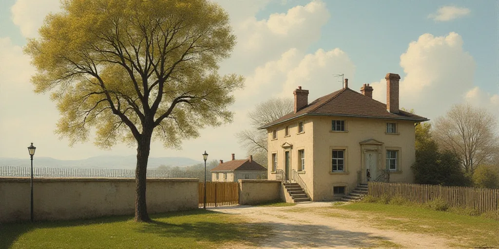 a building with a fence around it and a street light in front of it and a tree in front of it, Engue