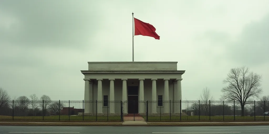 a building with a flag flying in the wind on a cloudy day with a fence in front of it, Cassius Marce