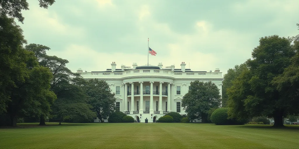 a building with a flag on top of it surrounded by trees and bushes in front of it is a white buildin