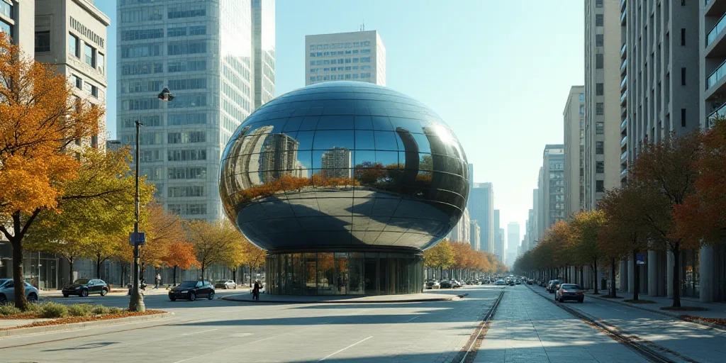 a building with a glass dome on top of it in a city street with tall buildings in the background, Ca