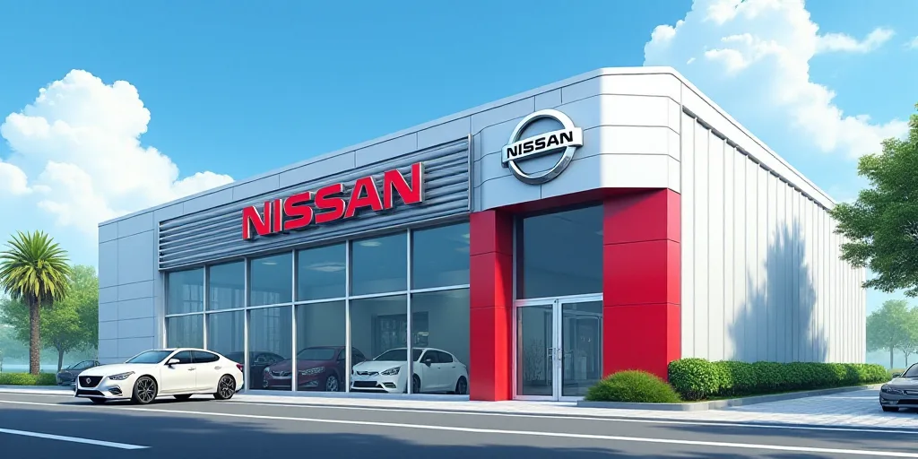 a building with a glass front and a red nissan logo on it's side and a palm tree in the background,