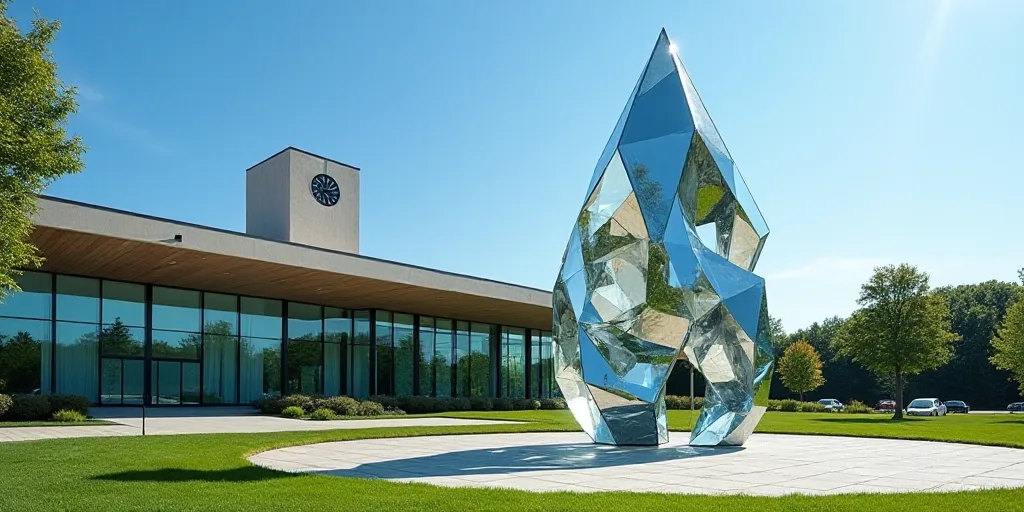 a building with a glass front and a clock tower in the background with a blue sky in the background,