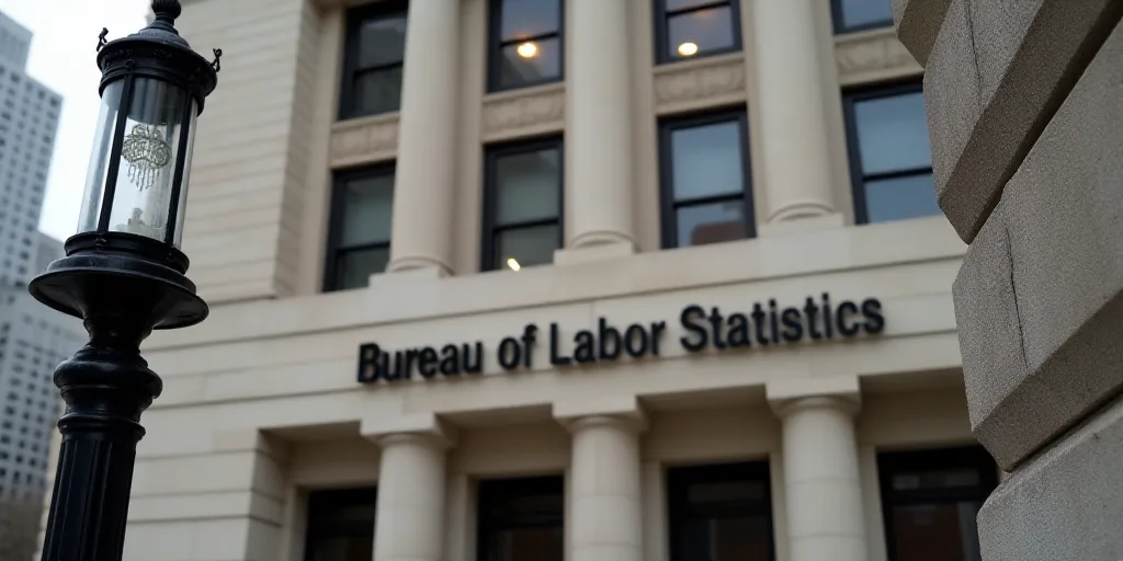 a building with a lamp post in front of it and a sign on the front of it that says bureau of labor s