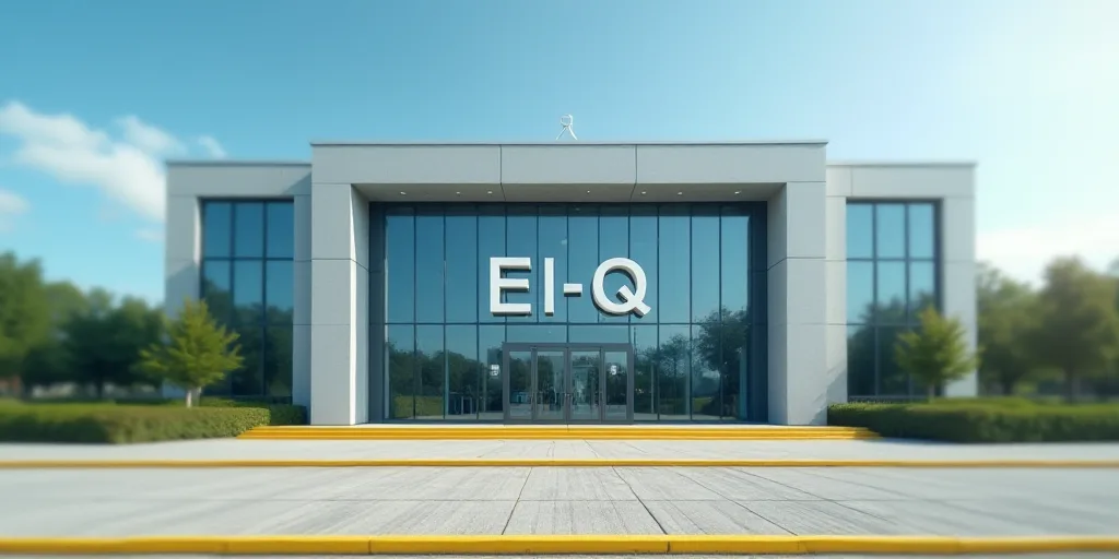 a building with a large glass front and a yellow curb in front of it and a blue sky in the backgroun