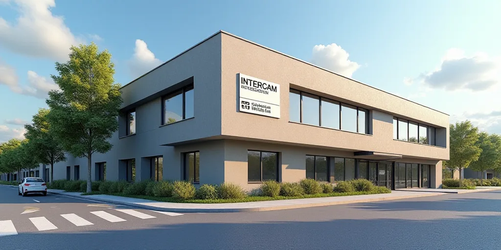 a building with a sign that says intercam and a picture of a building with a sign that says intercam