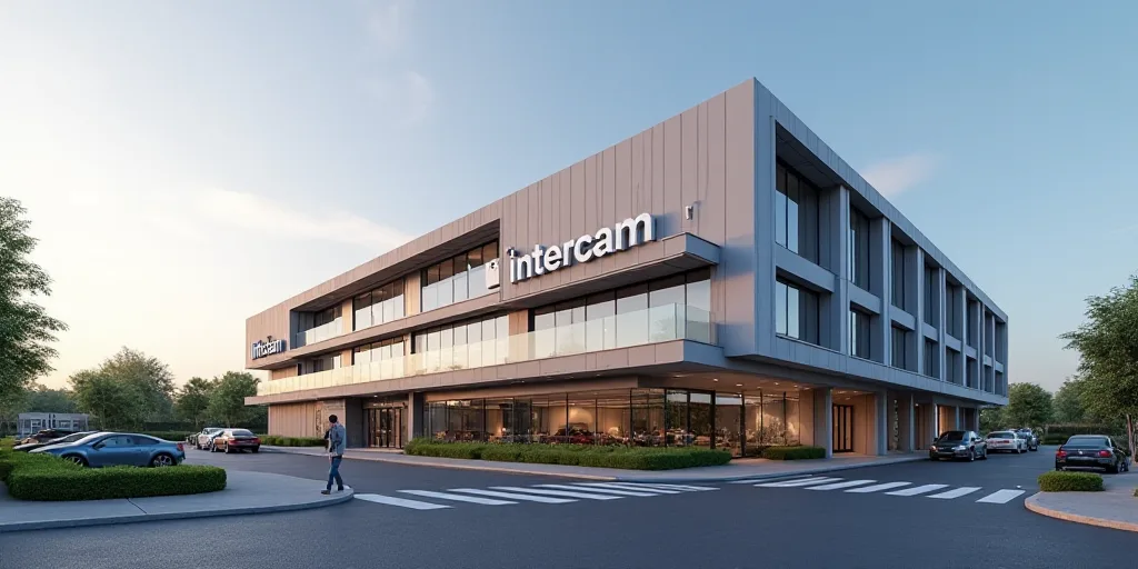 a building with a sign that says intercam and a picture of a building with a sign that says intercam