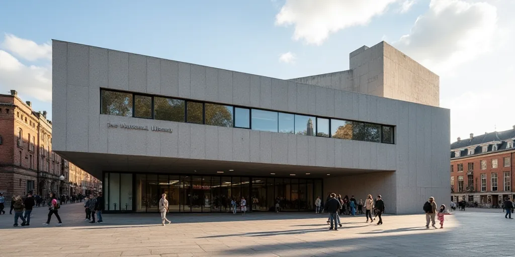 a building with a sign that says the national library of australia on it's side and people walking o