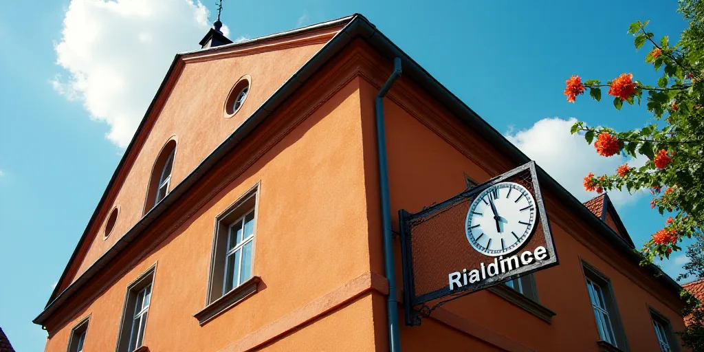 a building with a sign that says rich ratingss on it's side and a clock on the side of the building,