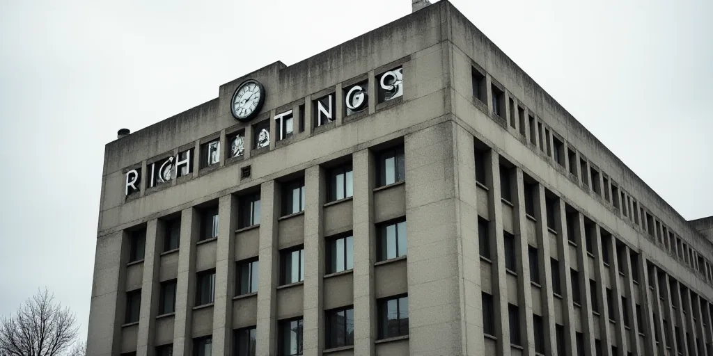 a building with a sign that says rich ratingss on it's side and a clock on the side of the building,