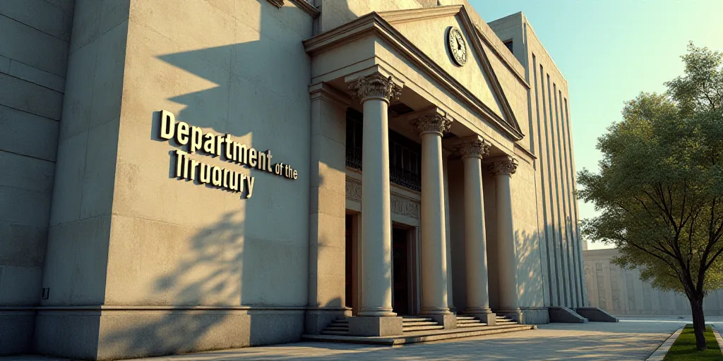 a building with a sign that says department of the treasury on it's side and a clock on the outside