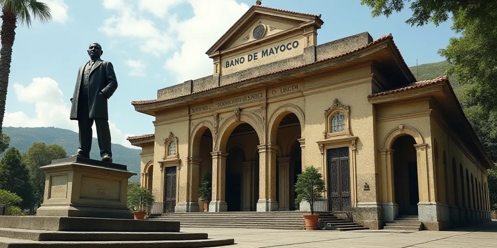 a building with a statue of a man on the front of it and a sign that says bano de mayoco, Carlos Fra