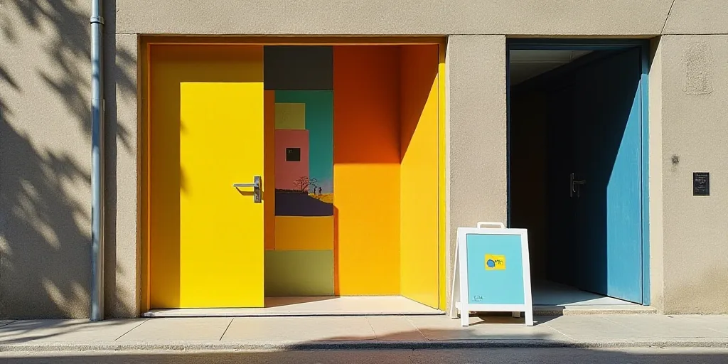 a building with a yellow door and a sign on the sidewalk in front of it that says, the door is open,