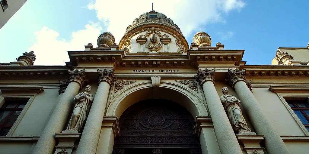 a building with statues on the front of it and a sign above it that says bank of mexico on the front