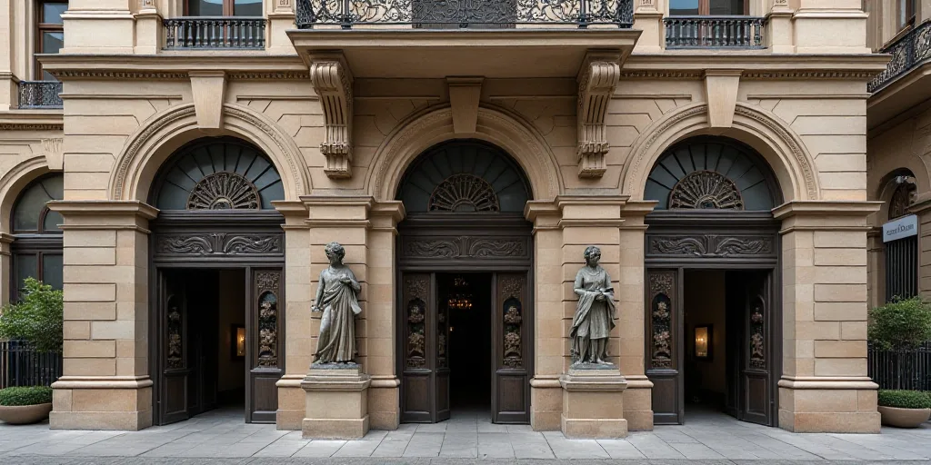 a building with statues on the front of it and a balcony above it that says banco - metico, Carlos F