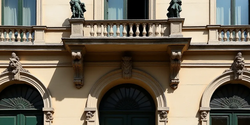 a building with statues on the front of it and a balcony above it that says banco - metico, Carlos F