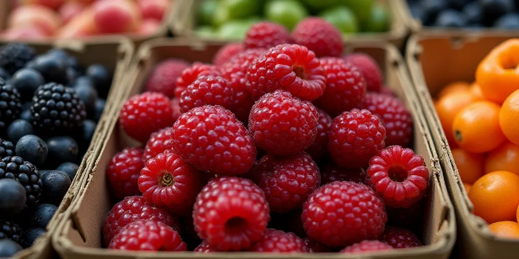 a bunch of berries are in a box together for sale at a market stall or sale place, with other berrie