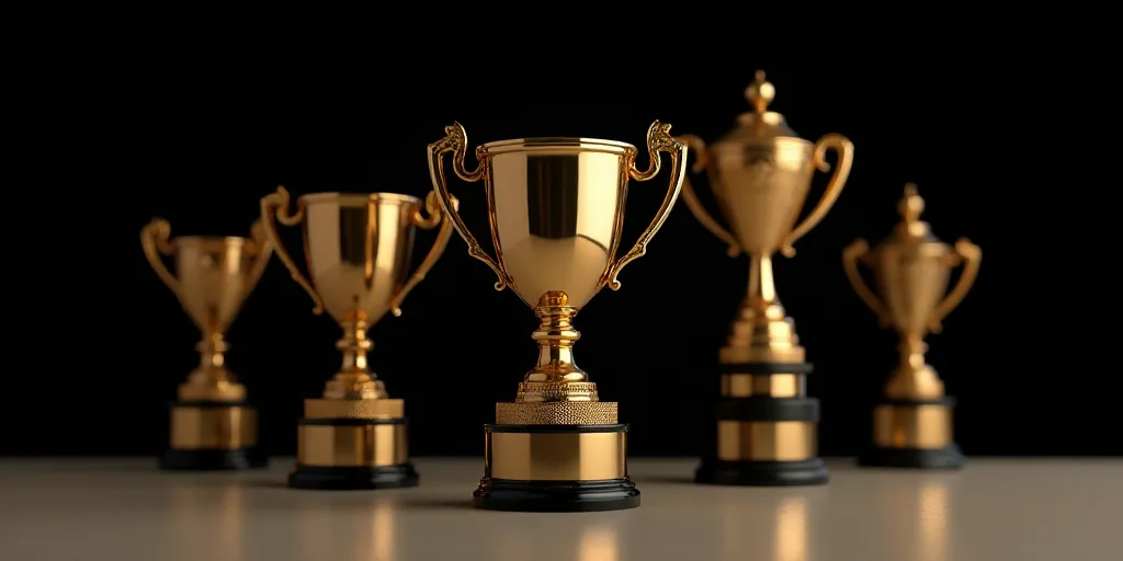 a bunch of golden trophies sitting on top of a table next to each other on a table top with a black