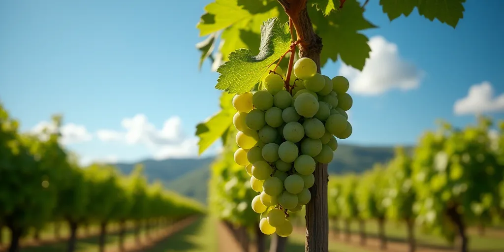 a bunch of grapes hanging from a vine in a vineyard with a blue sky in the background and a row of g