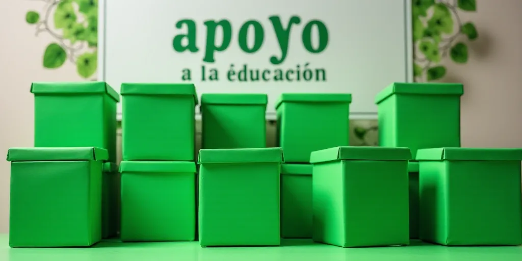 a bunch of green boxes stacked on top of each other in front of a sign that says apoyo a la educacio