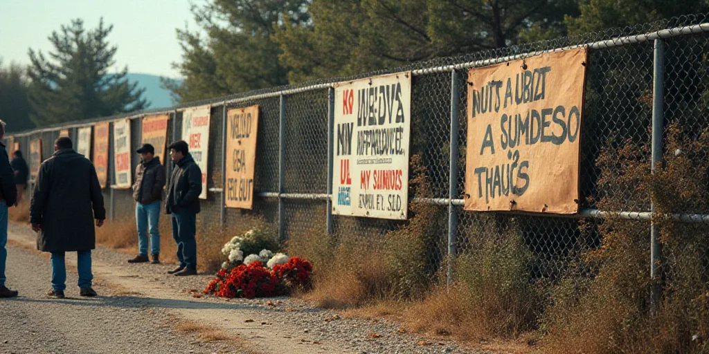 a bunch of signs that are on the ground near a fence with people standing around them and a bunch of