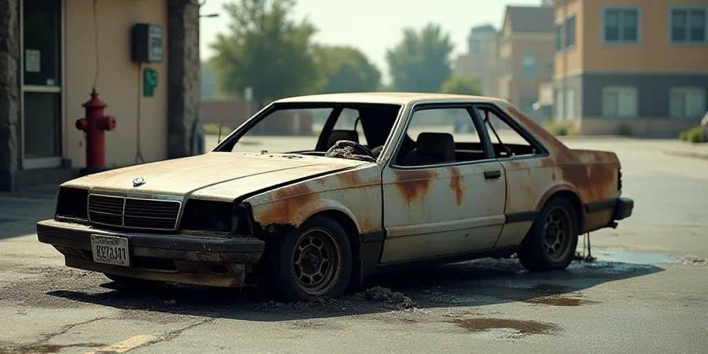 a burned out car in a parking lot with a fire hydrant in the background and a building in the foregr