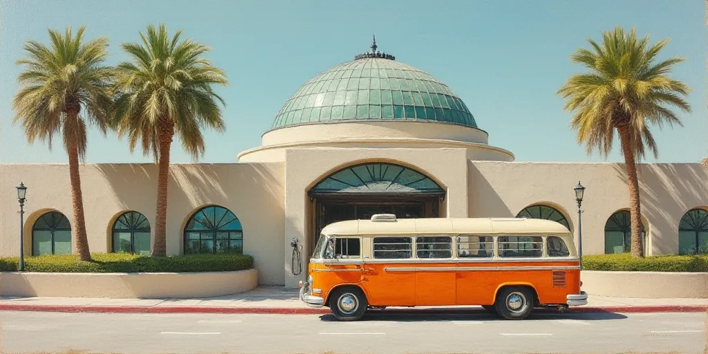 a bus is parked in front of a building with a glass dome on top of it and palm trees in front of it,