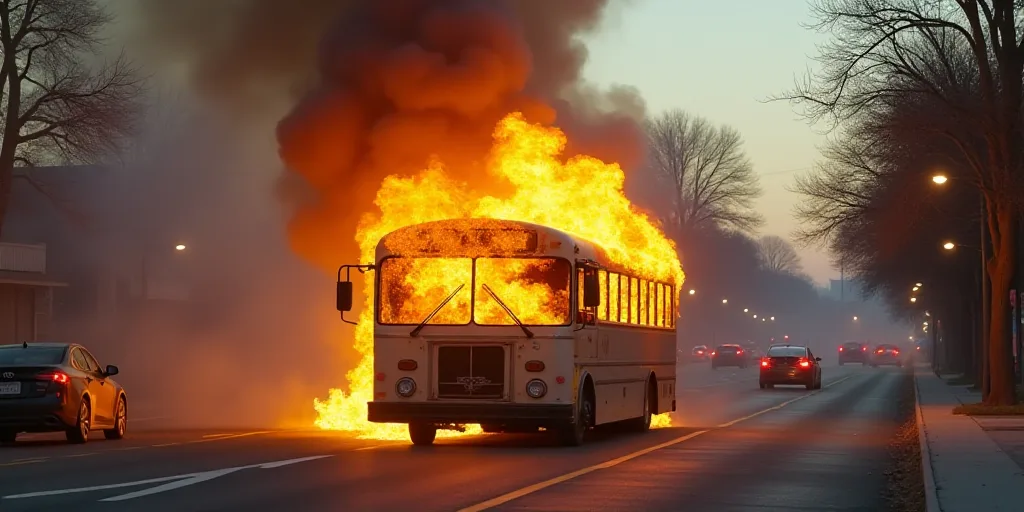 a bus that is on fire on the street with a lot of smoke coming out of it's back, Elbridge Ayer Burba
