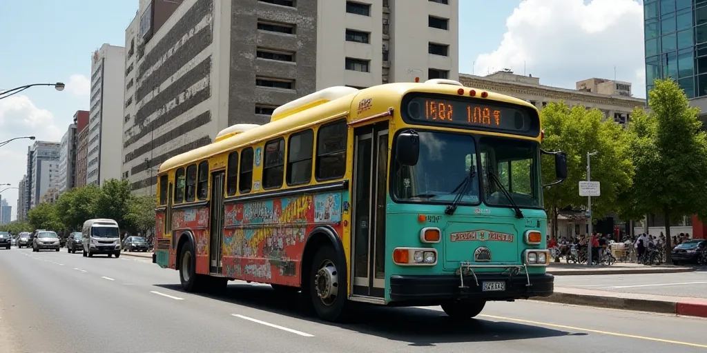 a bus with a sign on the side of it on a city street in mexico, with a building in the background, E