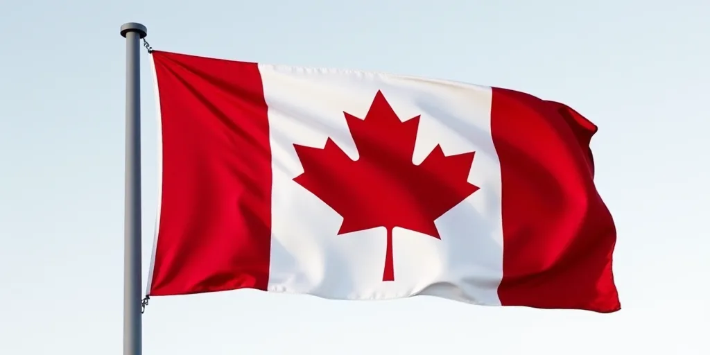 a canadian flag flying in the wind with a white and red maple leaf on it's side and a gray pole, Anc