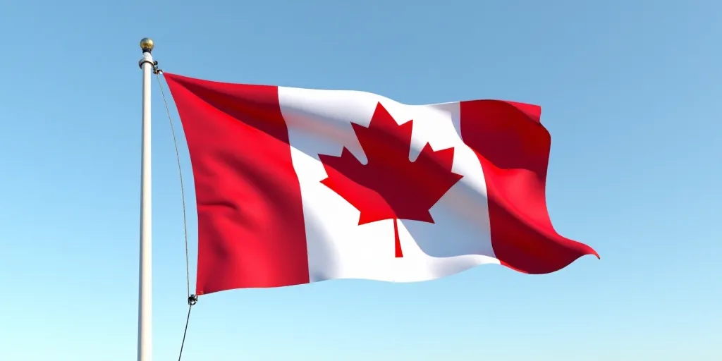 a canadian flag flying in the wind with a blue sky in the background and a red and white maple leaf,