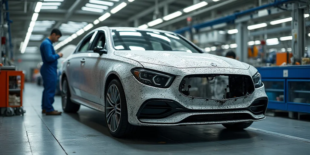 a car being assembled in a factory with workers working on it's cars and a worker standing next to i