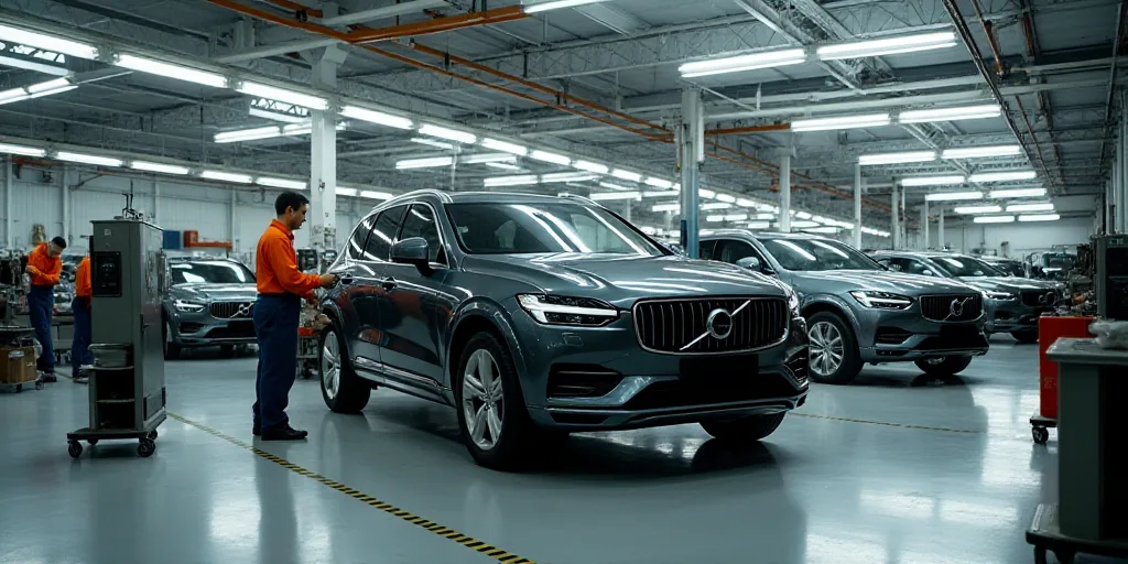 a car being assembled in a factory with workers working on it's cars and a worker standing next to i