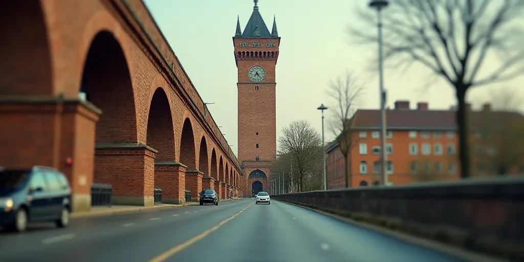 a car driving down a street next to a tall brick bridge with arches on it's sides and a city in the