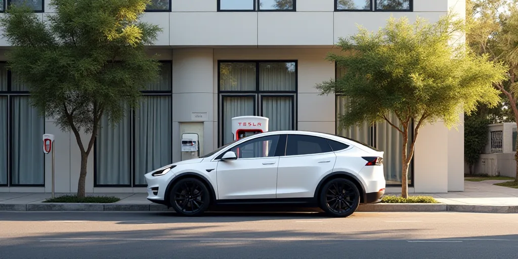 a car is parked in front of a tesla charging station in a city street with a white van parked in fro